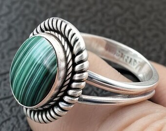 Bague malachite naturelle, bague ovale en pierre précieuse, bague d’usure quotidienne, bague en argent 925, bague malachite, bague pour elle