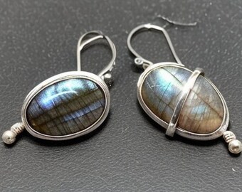 Natural Labradorite Earrings, 925 Sterling Silver, Boho Dangle Earrings, Handmade Crystal Jewelry, Silver Oval Cabochon, Independence Day