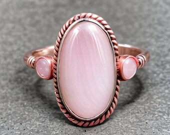 Länglicher Edelsteinring, ovaler Rosenquarz-Silberring, Statement-Ring, Boho-Schmuck, ovaler Ring, Quarzring, handgefertigter Ring