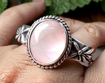 Bague en quartz rose naturel, bague en argent sterling massif 925, bague en quartz rose argenté, bague en argent, bague faite à la main,Boho