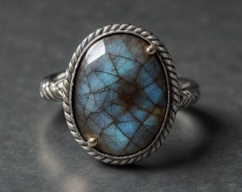 Anillo de labradorita natural, anillo de plata de ley 925, forma ovalada, anillo hermoso, anillo de piedra preciosa de declaración, boho