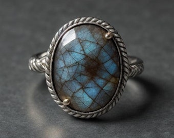 Anello Labradorite Naturale, Anello in Argento Sterling 925, Forma Ovale, Bellissimo Anello, Anello con Pietre Preziose, Boho e Bohémien