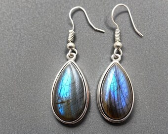 925 Sterling Silver Natural Labradorite Gemstone Earrings, Designer Handmade Pear Silver Earrings, Valentine's Day Earrings, Etsy Cyber 2024