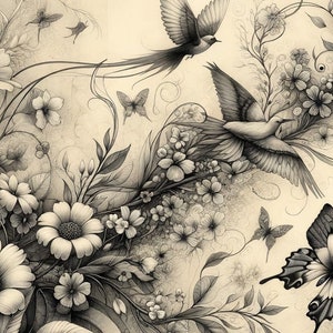 Botanico in bianco e nero, menta di Michelle Decoupage - Carta per decoupage, A3, A1