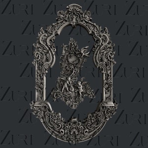 May include: A detailed, ornate, silver-toned, metal frame with a carved design of cherubs playing music. The frame is in the shape of an arch and has a decorative border.