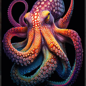 May include: A vibrant, multi-coloured octopus with a textured, spotted skin. The octopus has eight tentacles and is curled up in a defensive posture. The background is black.