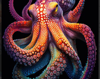 May include: A vibrant, multi-colored octopus with a textured, spotted skin. The octopus has eight tentacles and is curled up in a defensive posture. The background is black.