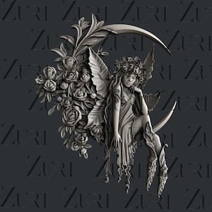 May include: A detailed 3D printed sculpture of a fairy sitting on a crescent moon, surrounded by roses. The fairy has long flowing hair, delicate wings, and a floral crown.