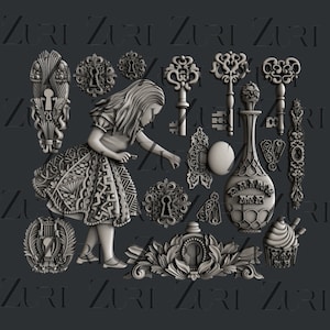 May include: A 3D rendering of Alice in Wonderland themed objects. Includes keys, keyholes, a bottle with the text "Drink Me", and a cupcake. The objects are in a grayscale colour palette.