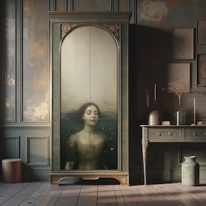 Peut inclure: Une armoire ornée, peinte en vert foncé avec des détails dorés, présentant une image d'une femme dans l'eau. L'œuvre d'art à l'intérieur de l'armoire représente une femme aux yeux fermés. La pièce a une esthétique vintage.