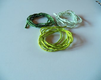 Silk cords, silk ribbons, 100 % silk, hand-dyed, approx. 1 m long, shades of green