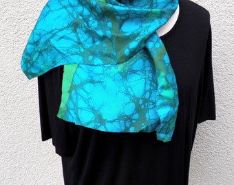 Silk scarf, batik, turquoise, light green, dark green, 30 x 115 cm