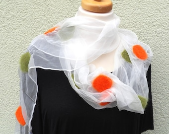 Silk chiffon scarf, felted circles in green and orange at the ends 100 % silk approx. 45 x 180 cm