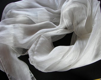 Silk scarf Chiffon 06 Silver (13) 180 x 45 cm with fine silver stripe, to wear, paint, dye