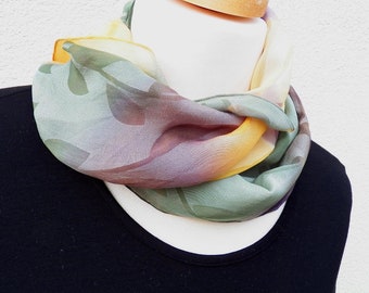 2 different silk scarves (20) Stole, salmon, and yellow, green, brown with woven pattern, "leaf tendril" 33 x 175 cm, silk and rayon