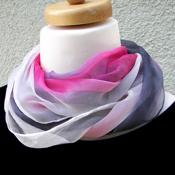 Two silk chiffon scarves hand painted with french gradient colors lengthwise.