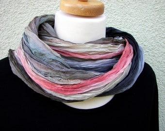 A beautiful silk scarf crushed, painted with French colors in gradient along black, gray, light gray, taupe, brown, salmon