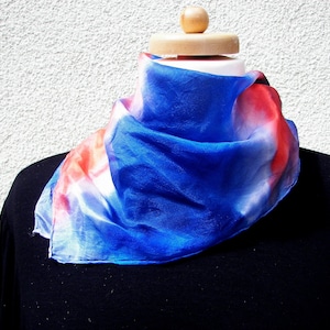Bandana, Silk Nikki Cloth, 100 % Silk ponge, handpainted, white, blue, red, 55 x 55 cm