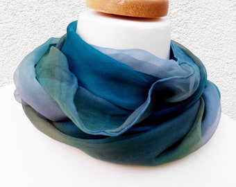 Silk chiffon scarf (25) 100 % silk, approx. 45 x 180 cm painted in petrol a little beige and a little pale violet