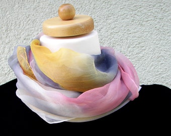 A gossamer silk chiffon scarf painted with French colors in gradient wool white, salmon, corn yellow and gray.