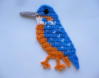 Kingfisher, crocheted, applique, crochet applique, patch, accessories, crochet applique, bird