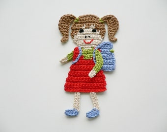 Schoolgirl, crochet applique, patch, applique, accessories, crochet applique