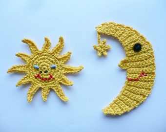 Sonne, Mond, Aufnäher, Applikation, Häkelapplikation, gehäkelt, Accessoires, Crochet-Application