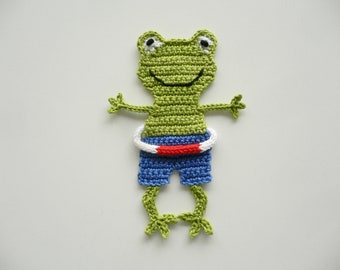 Frosch mit Rettungsring  -  Häkelapplikation, Aufnäher, Applikation, gehäkelt, Accessoires, Crochet-Application