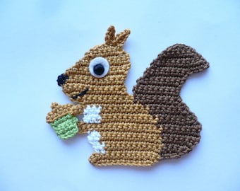 Squirrel, crocheted, crochet applique, applique, patch, accessories, crochet applique,