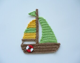 Sailing boat, crocheted, applique, crochet applique, patches, accessories, crochet applique