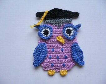 Owl with doctor hat, crocheted, applique, crochet applique, patch, accessories, crochet application