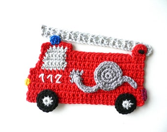 Fire engine, crocheted, applique, crochet applique, patch, accessories, crochet applique