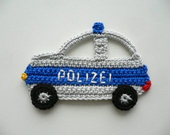 Polizeiauto, gehäkelt, Häkelapplikation Aufnäher Applikation Accessoires Fahrzeug Auto Crochet-Application