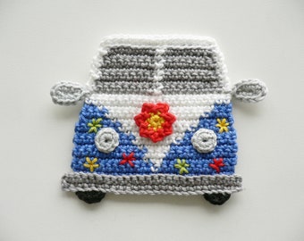 Hippie bus, crocheted, applique, crochet applique, patches, accessories, crochet applique