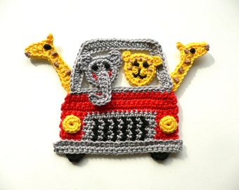 Animal safari, crocheted, applique, crochet applique, patch, accessories, crochet application