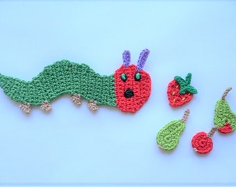 Caterpillar, fruit, crocheted, applique, crochet applique, patch, accessories, crochet applique
