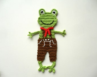 Frosch in Knickerbocker - Häkelapplikation, gehäkelt, Applikation, Aufnäher, Accessoires, Crochet-Application