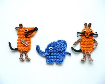 Elefant und Maus (klein), gehäkelt, Häkelapplikation, Applikation, Aufnäher, Accessoires, Crochet-Application, Tier,