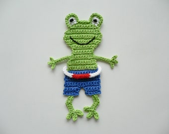 Frog with lifebuoy - crochet applique, patch, applique, crocheted, accessories, crochet applique