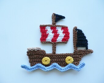 Piratenschiff, gehäkelt, Häkelapplikation, Aufnäher, Applikation, Accessoires, Crochet-Application