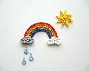 Regenbogen, Wolken, Sonne, gehäkelt, Applikation, Häkelapplikation, Aufnäher, Accessoires, Crochet-Application