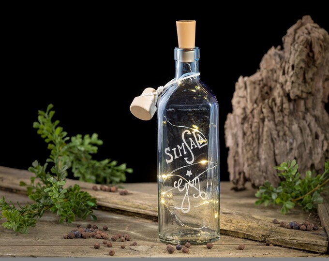 Room fragrance, bottle, lantern, gift, garden party - IT'S GIN O'CLOCK - Bottle with funny engraving and string of lights as decoration