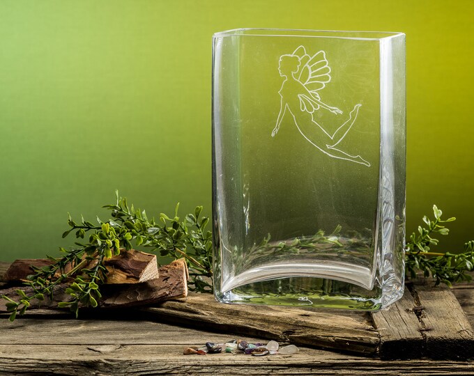 Glass vase with elven engraving, hand-engraved, decoration, glass art
