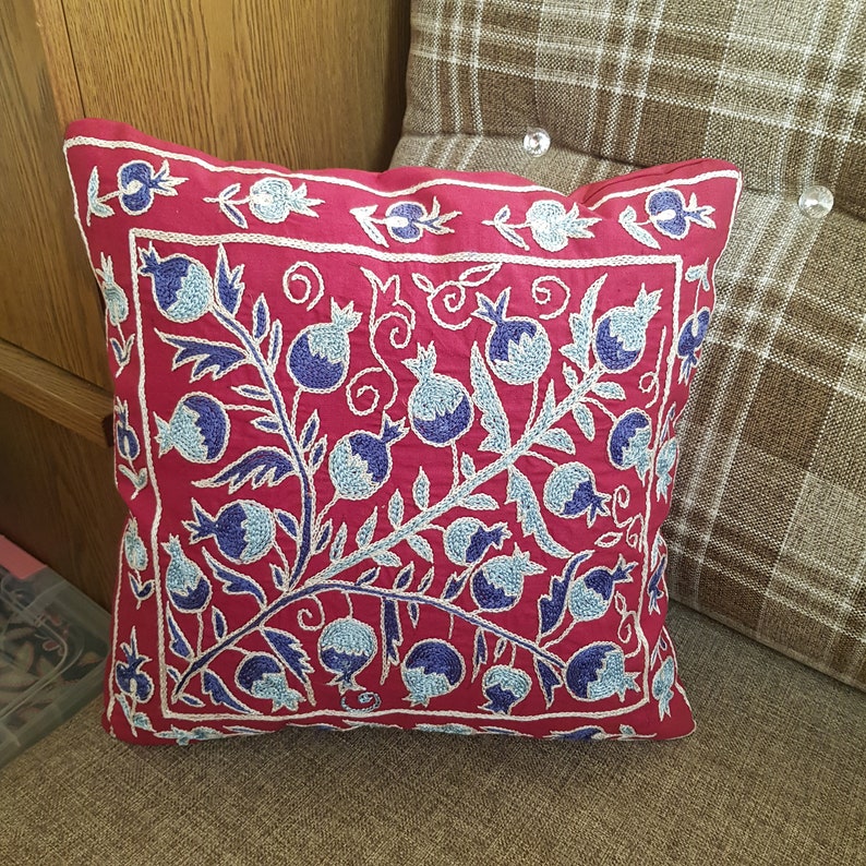 Uzbek purple suzani pillow covers 16x16,ethnic throw blue suzani pillow case,boho cushion cover lumbar,floral blue pillow sham kilim pillow