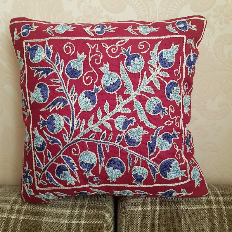 Uzbek purple suzani pillow covers 16x16,ethnic throw blue suzani pillow case,boho cushion cover lumbar,floral blue pillow sham kilim pillow