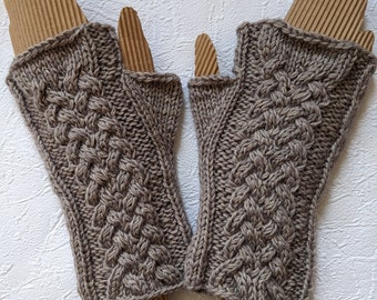 Fingerless gloves - wrist warmers with cables in beige