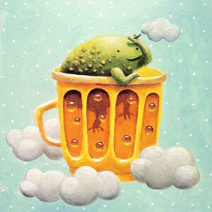 May include: A charming illustration of a green frog in a yellow mug, with a cloud above. The mug has a handle and contains a brown liquid with bubbles. White clouds surround the mug against a light blue backdrop.