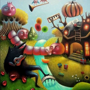 May include: A whimsical painting featuring a black wolf playing a guitar, a red worm, a house with a pumpkin on top, and a cat sleeping inside. The scene is set in a forest with a blue stream and red flowers.