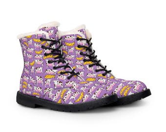 Banana cow Cute Cow Pattern Boots | Fur Lined Leather Boots, Purple Cow Print Hidden