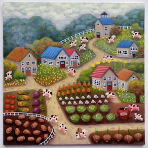May include: A colourful painting depicting a rural farm scene. Houses with blue, red, and tan roofs are set amongst gardens of vegetables, including carrots, potatoes, and cabbage. Cows with black and white markings are dotted around the landscape.